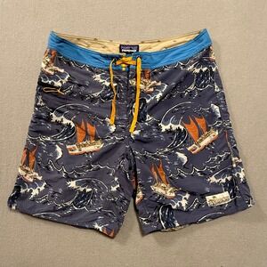 Patagonia Pataloha Navy Nautical Wave Sailing Swim Trunks Board Shorts Men 34